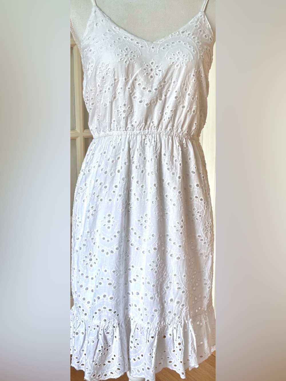 Japna White Eyelet Cotton Dress Boho Cottagecore Ruffle Hem M